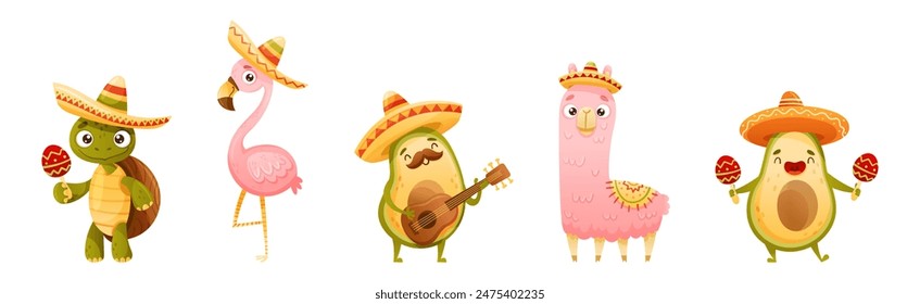 Mexican Funny Character with Cute Face Enjoy Holiday Vector Set