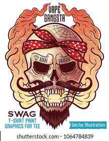 Mexican gangster - graphics for printing on tshirts, tees, stickers on car. Gangster skull blows steam from mouth, electronic cigarette. Brutal hipster with mustache and beard. Vector illustration