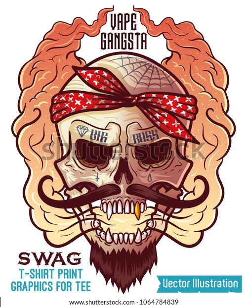 Mexican gangster - graphics for printing on\
tshirts, tees, stickers on car. Gangster skull blows steam from\
mouth, electronic cigarette. Brutal hipster with mustache and\
beard. Vector\
illustration