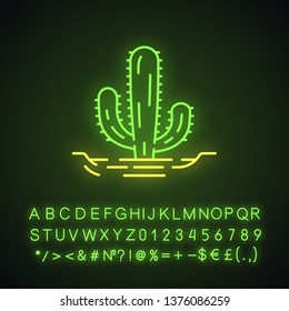 Mexican giant cactus in ground neon light icon. Cardon. Elephant cactus. Mexican flora. Tallest cacti. Glowing sign with alphabet, numbers and symbols. Vector isolated illustration svg