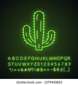 Mexican giant cactus neon light icon. Cardon. Elephant cactus. Mexican flora. Tallest cacti. Glowing sign with alphabet, numbers and symbols. Vector isolated illustration svg