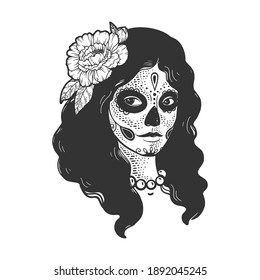 Mexican girl in day of the dead makeup sketch engraving vector illustration. T-shirt apparel print design. Scratch board imitation. Black and white hand drawn image.