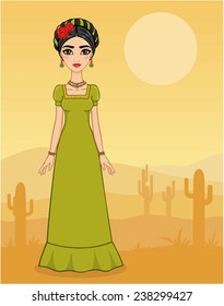 Mexican girl in the desert with cactus. High growth.