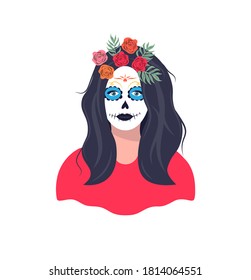 Mexican girl with Katrina makeup. Female character with a wreath of roses. Dia de los muertos holiday carnival. Skeleton woman portrait at Dia de los Muertos, Day of the dead. Halloween makeup.  