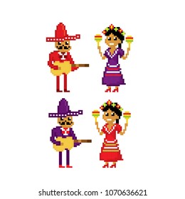 Mexican girl with maracas man with guitar. Pixel art. Old school computer graphic. 8 bit video game. Game assets 8-bit sprite.