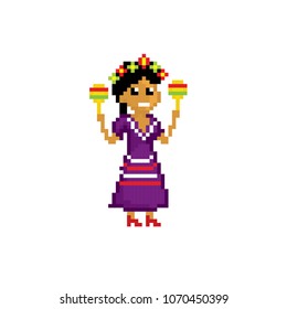 Mexican girl with maracas. Pixel art. Old school computer graphic. 8 bit video game. Game assets 8-bit sprite.