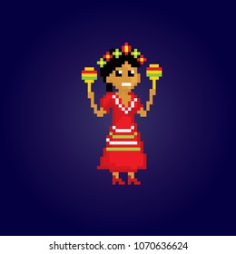 Mexican girl with maracas. Pixel art. Old school computer graphic. 8 bit video game. Game assets 8-bit sprite.