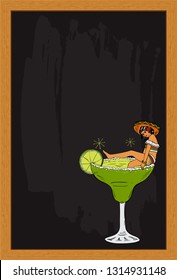 A Mexican girl in a margarita cocktail on a blackboard, vector