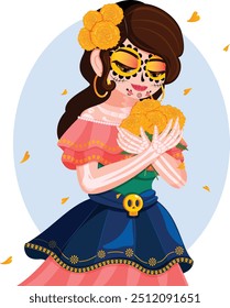 Garota mexicana com flores de Marigold, braços pintados esqueleto e dia da arte do rosto morto no vestido tradicional