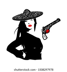 Mexican Girl With Pistol And Sombrero Ornament Silhouette Logo Design