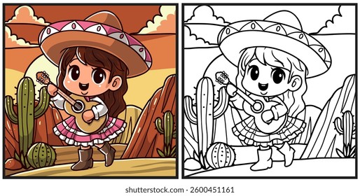 Mexican girl playing guitar coloring page illustration