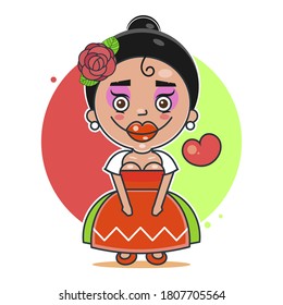 Mexican Girl With A Rose On Her Head Logo. Mexican Fast Food Logotype Template. Vector Illustration Suitable For Greeting Card, Poster Or T-shirt Printing.