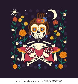 Mexican girl skeleton. The mood of the day of the dead. Vector graphics