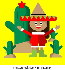 Mexican girl in sombrero and elf costume celebrates New Year near Christmas cactus with a star. Vector illustration in bright warm colors.