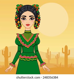 Mexican girl in a traditional dress. A background the desert with a cactus.