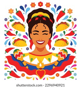 Mexican girl in traditional dress. Festive composition - beautiful smiling girl, peppers, flowers, maracas, tacos, elements. Fiesta or Cinco de Mayo holidays. Colorful illustration minimalist style