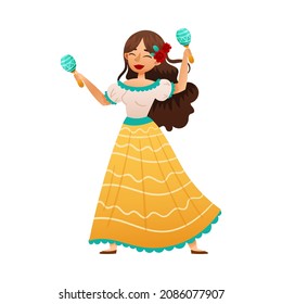 Mexican girl wearing traditional dress dancing and shaking maracas cartoon vector illustration