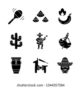 Mexican Glyph Icons Set. Latin American National Music, Dance, Food, Nature, Fun, People. Cinco De Mayo Festival. Silhouette Symbols. Vector Isolated Illustration