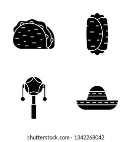 Mexican glyph icons set. Traditional food, clothes, musical instument. Taco, burrito, mexican pellet drum, sombrero. Silhouette symbols. Vector isolated illustration