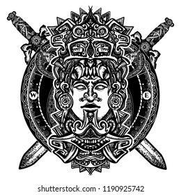 Mexican god warrior and crossed swords tattoo. Ancient aztec totem 