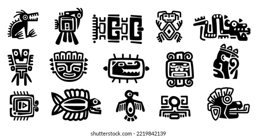 Símbolos de dioses mexicanos. Resumen de los ídolos del tótem de aves aztecas, antiguos signos tradicionales de la civilización inca maya primitiva. Colección de vectores. Símbolos culturales indígenas y rituales míticos