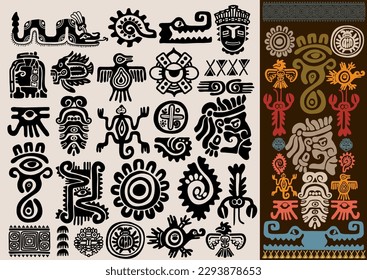 Mexican gods symbols. Set of aztec animal bird totem idols, ancient inca Maya civilization primitive traditional signs. Vector collection Mexican colors. Indigenous culture symbols and mythic rituals.