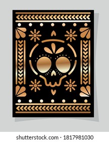 Mexican gold and black skull in frame design, Mexico culture tourism landmark latin and party theme Vector illustration