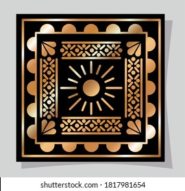 Mexican gold and black sun in frame design, Mexico culture tourism landmark latin and party theme Vector illustration