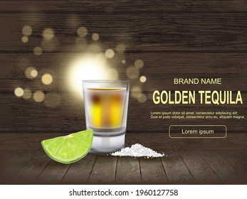 Mexican Gold Tequila shot, realistic style with green lemon slice, slot, free text space on wooden background. Concept luxury drink. Alcoholic drink concept. Easy to edit.