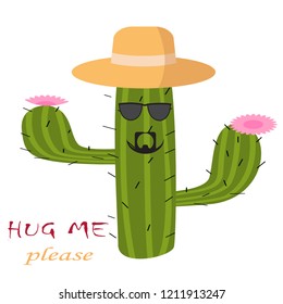 Mexican green cactus with  pink flouwers. Hug me please text. Succulent in sombrero. T-shirt print design vector