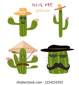 Mexican green cactus with  pink flouwers. Hug me please text. Succulent in sombrero. T-shirt print design vector set