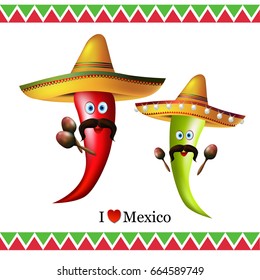 Mexican green and red chili peppers with maracas, sombrero hat, mustache. vector
