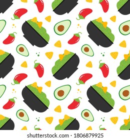 Mexican guacamole dip in bowl with avocados, chili peppers and nacho chips vector seamless pattern background.