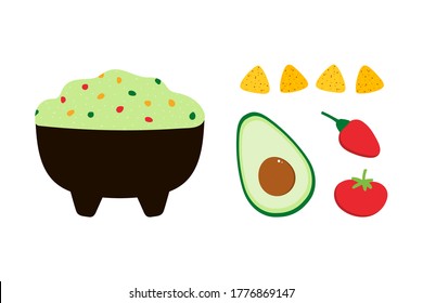 Mexican guacamole dip, spread, sauce in bowl with vegetables. Avocado, tomato, chili pepper and nacho chips.
