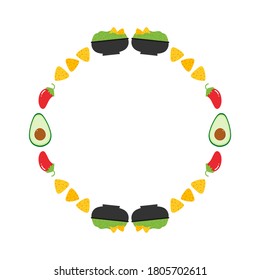 Mexican guacamole dip, spread, sauce in bowl with avocado, chili pepper and nachos chips. Round vector frame, card template.