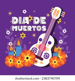 Mexican guitar with flowers Dia de los muertos background Vector