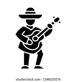 Mexican with guitar glyph icon. Latin musician. Guitar player in sombrero. Silhouette symbol. Negative space. Vector isolated illustration