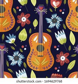 Mexican guitar hand drawn vector seamless pattern in a flat style. Cartoon fiesta party music background with flowers. Cinco de Mayo colorful illustration.