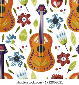 Mexican guitar hand drawn vector seamless pattern in a flat style. Cartoon fiesta party music background with flowers. Cinco de Mayo colorful illustration.