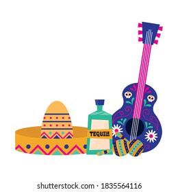Mexican guitar hat tequila and maracas design, Mexico culture theme Vector illustration