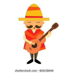 Mexican with guitar Isolated on White Background. Mexican Tradition. Cinco de Mayo. Vector Illustration.