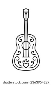 Guitarra mexicana, icono de línea. Instrumento musical hispánico tradicional con adorno y patrón. Guitarra de Mariachi para diseño, invitación a tarjeta, banner. Icono editable, ilustración lineal simple