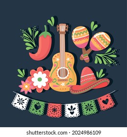 maracas de guitarra mexicana y flores