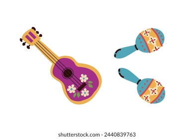 Guitarra mexicana y maracas ambientadas para vacaciones. La ilustración vectorial se puede utilizar para el banner de vacaciones de cinco de mayo, tarjeta de felicitación, tarjetas mexicanas. 