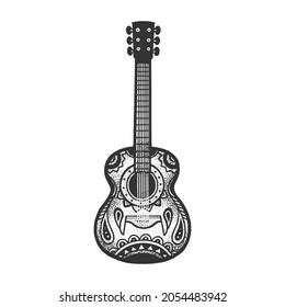 Guitarra mexicana con dibujo ornamental ilustrado vectorial. Diseño de impresión de ropa de camiseta. Imitación de tablero de raquetas. Imagen dibujada a mano en blanco y negro.