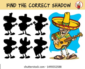 Mexican guitar player. Find the correct shadow. Educational matching game for children. Cartoon vector illustration