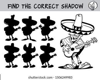 Mexican guitar player. Find the correct shadow. Educational matching game for children. Black and white cartoon vector illustration