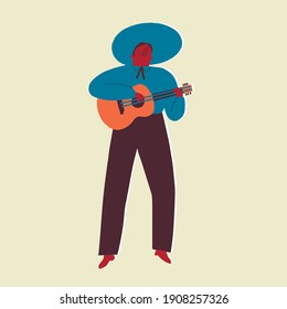 Mexican guitar player mariachi wearing traditional costume and sombrero hat playing music and singing illustration.