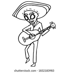 Mexican guitar player on white isolated backdrop. Santa muerte symbol for invitation or gift card, notebook, bath tile, scrapbook. Phone case or cloth print art. Doodle style stock vector illustration