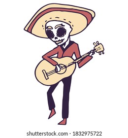 Mexican guitar player on white isolated backdrop. Day of the dead symbol for invitation or gift card, notebook, bath tile, scrapbook Phone case or cloth print Doodle style stock vector illustration